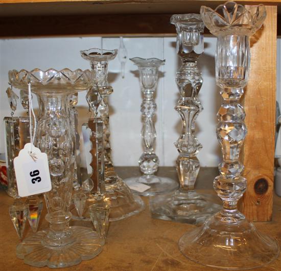 Cut glass candlesticks & lustre